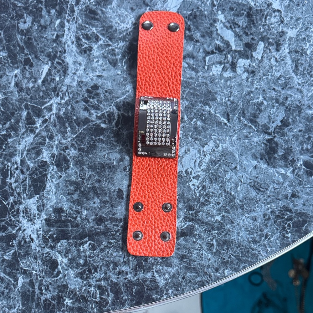 Orange Leather Snap Cuff Bracelet with Crystal Accent